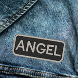 Angel White on Black Iron on Name Tag Patch for Biker Vest NB101