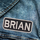 BRIAN White on Black Iron on Name Tag Patch for Biker Vest NB204