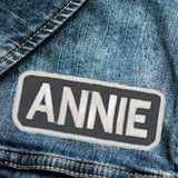 ANNIE White on Black Iron on Name Tag Patch for Biker Vest NB272