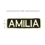 AMILIA White on Black Iron on Name Tag Patch for Biker Vest NB270