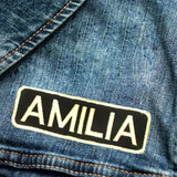 AMILIA White on Black Iron on Name Tag Patch for Biker Vest NB270