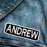 ANDREW White on Black Iron on Name Tag Patch for Biker Vest NB198