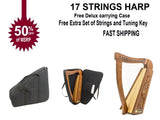 Celtic Irish Knee Harp - 17 Strings, Solid Wood, Free Bag & Key