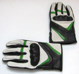 XL Leather Motorcycle Gloves - Knuckle Armor - White Black Green - Premium Protection and Style