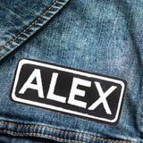 Alexa White on Black Iron on Name Tag Patch for Biker Vest NB100