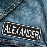 ALEXANDER White on Black Iron on Name Tag Patch for Biker Vest NB233