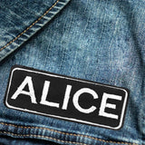 ALICE White on Black Iron on Name Tag Patch for Biker Vest NB268