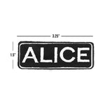 ALICE White on Black Iron on Name Tag Patch for Biker Vest NB268